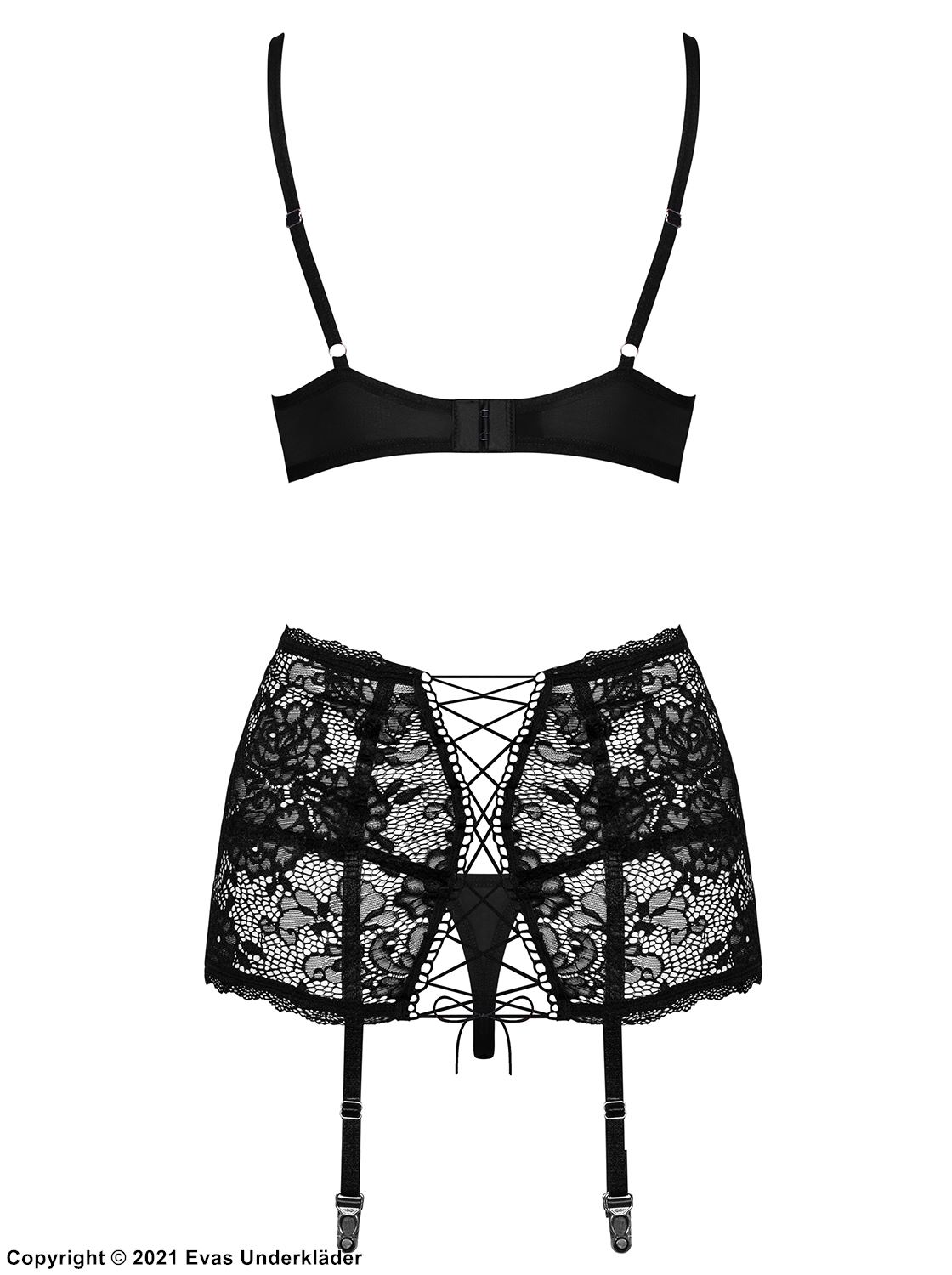 Romantic lingerie set, lace cups, built-in garter belt strap, flowers